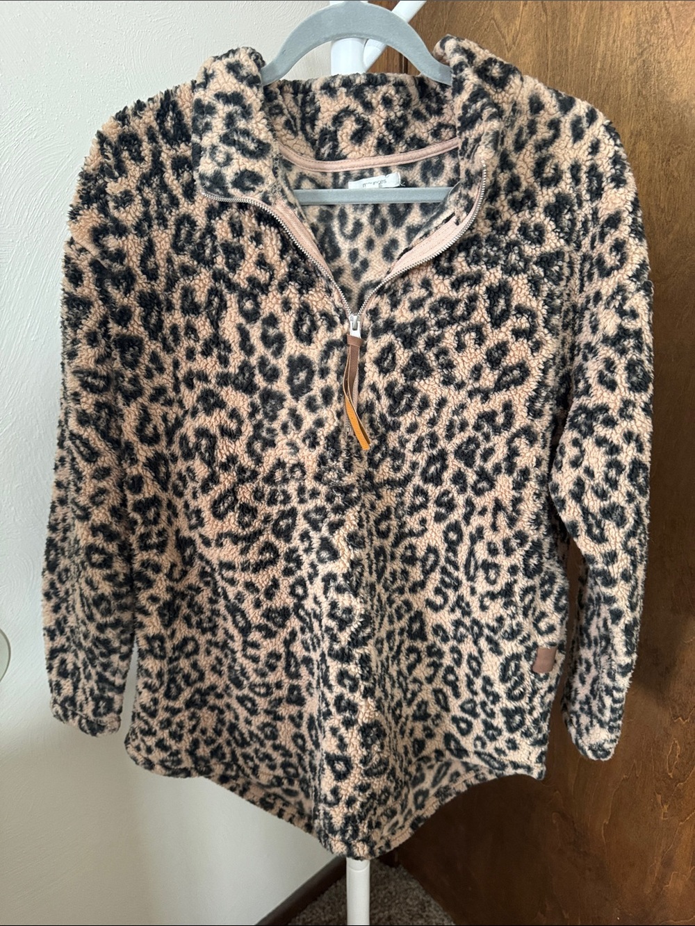 Maurices Leopard Print Sherpa Quarter-Zip Pullover - Beige & Black